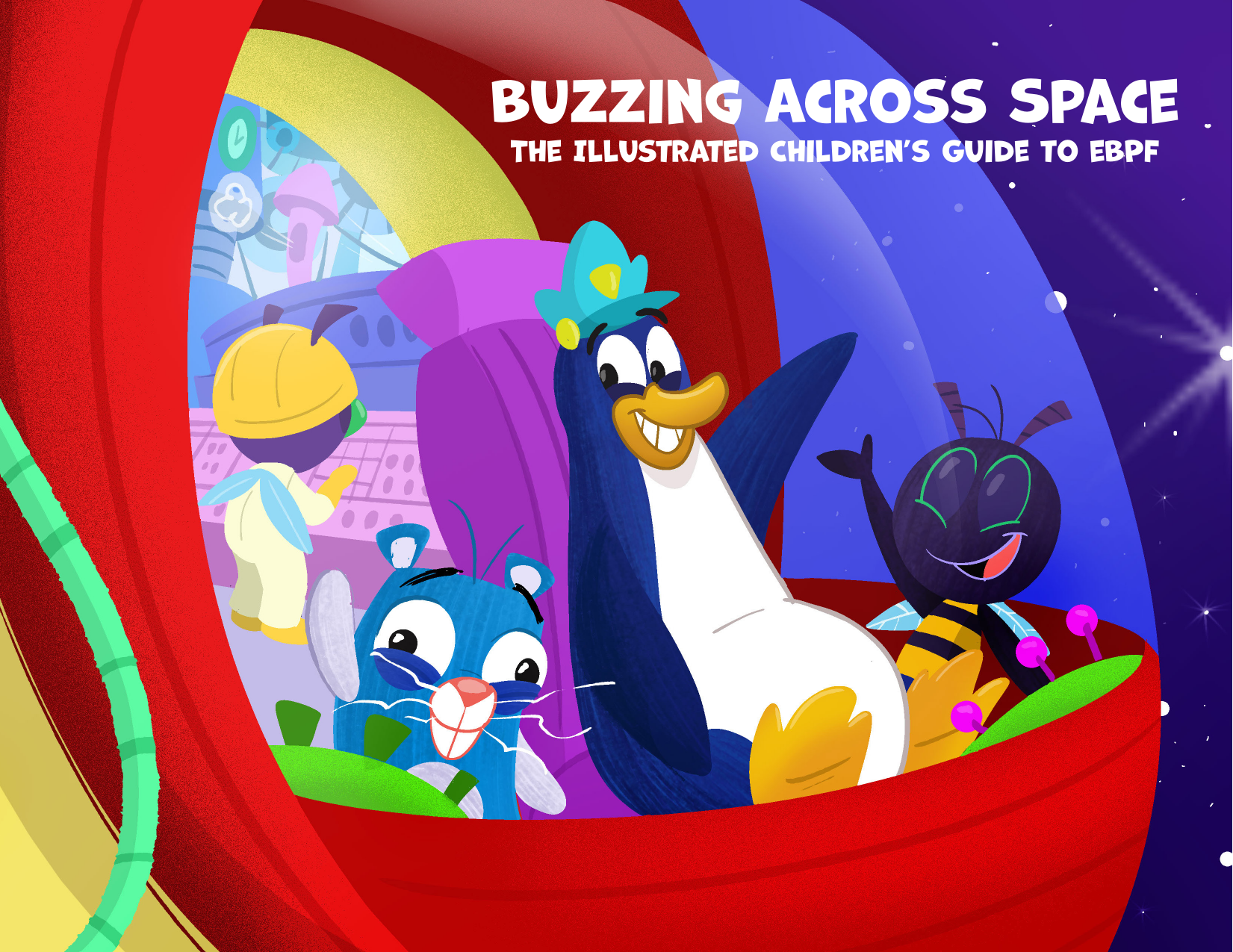 Captain Tux (a penguin), eBee (a bee) and a gopher waiving from inside
      the cockpit of a starship flying in space. In the background, a bee is
      working on a console in an adjacent room of the ship. On the top, the
      title of he book is displayed.
